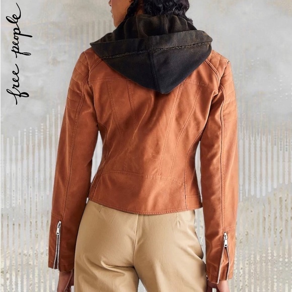 FREE PEOPLE NWT Harriett Moto-Style Brown Vegan Suede, Black Hood Jacket/Md - Picture 8 of 16